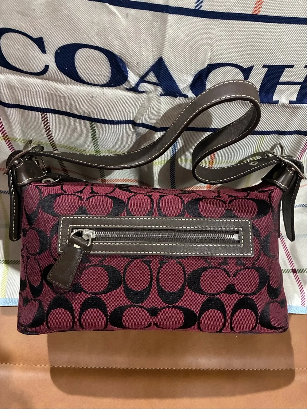 Coach Y2K Burgundy and Brown Leather trim with Signature Jacquard Shoulder Bag